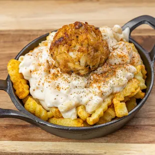 Cover 2 Fries - Mini Crab Cake on top Truffle Crab Mac &amp; Cheese smothered Old Bay Fries