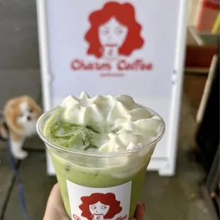 Iced Matcha Latte w/ oat milk, whipped cream aka Matcha Einspänner | $7 (special request)
