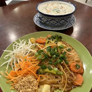 a plate of noodles and vegetables