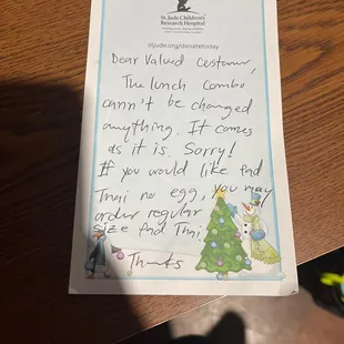 a handwritten note from a customer