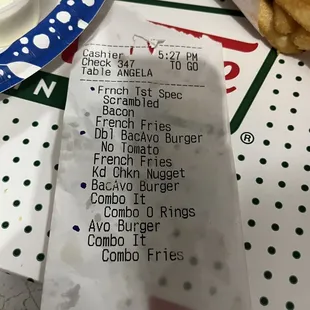 They mark the receipt when items are bagged. No mark next to the single order of fry's or the kids meal?!?!?!?!?!