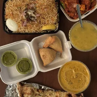 Shrimp Dum Biryani, Chilly Chicken, Samosas (double mint chutney instead of the tamarind sauce), Dal Soup, Butter Naan, Chicken Tikka Masala
