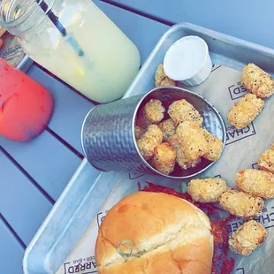 Charred burger, tots and a lemonade!