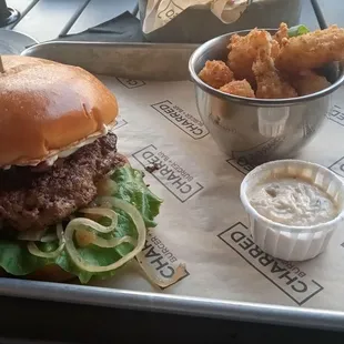 Wagyu Bacon and Blue Cheese Burger with Cheese Curds and Garlic aoli sauce