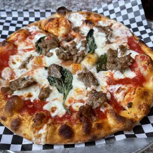 Margherita pizza with impossible sausage. It was a tasty combination.