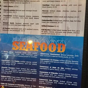Burritos and seafood menu