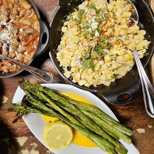 Roasted asparagus,  frijolies charro &amp; esquites con crema