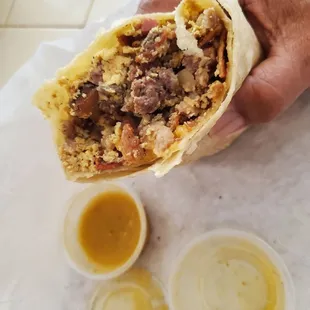 Inside of the meat lover burrito