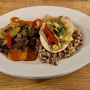 Carne Asada enchilada and shrimp taco
