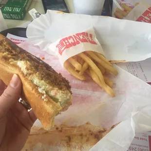 Foot long hotdog (all the way) and fries with Cheerwine.