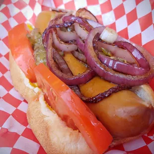 Polish dog with grilled onions.