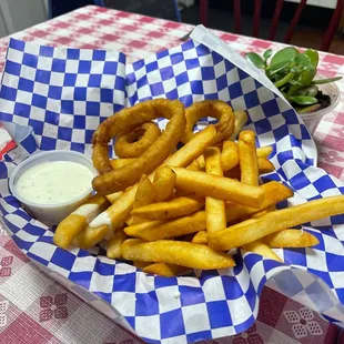 Extra crispy fries and onion rings combo.  Not a lot for the price