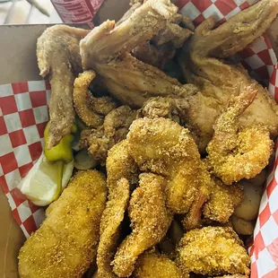 Fried fish, chicken and prawns