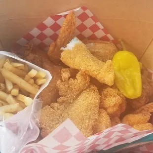 "Three Way" with fries, 3 large chicken pieces and prawns was a hefty basket!