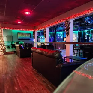 a brightly lit bar and lounge area