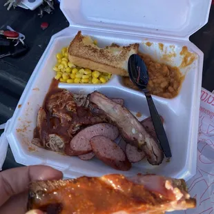 Sampler platter: 3 meats- ribs, sausage, brisket or tri tip I can't remember but it was GOOD!