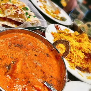 Chicken Tikka Masala (Dairy); Prawns Biryani; Garlic Naan (Vegan)
