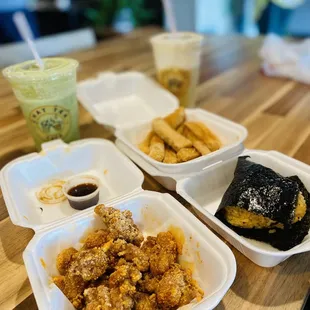 Matcha Milk Tea Mango Milk Tea Popcorn Chicken Spicy Salmon Rice Ball Tofu Fries