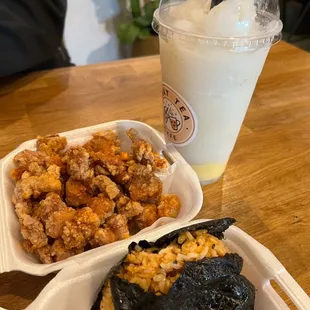 Popcorn Chicken Diablo Rice Ball Yogurt Slush with Egg Pudding