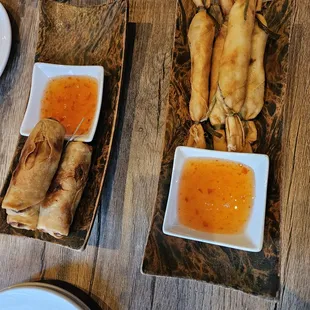 Left: Automn Rolls
 Right: Firecracker - Chicken &amp; Shrimp wrapped  in rice  paper lightly fried