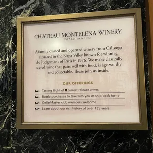 Sign outside of the Chateau Montelena Winery Tasting Room in Westin St. Francis Hotel in San Francisco.