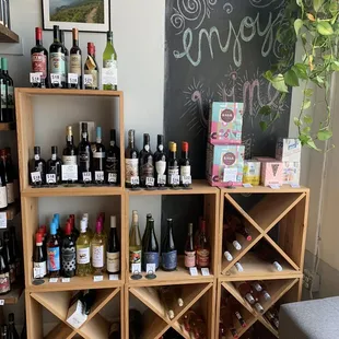 shelves of wine bottles