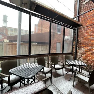 a view of a rooftop patio