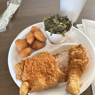 Spicy two piece with corn nuggets and greens