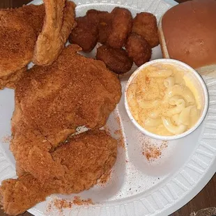 3 piece meal with mac n cheese and corn fritters.