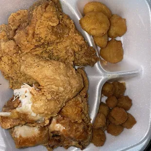3 pc White (2 with lemon pepper), corn fritters, and fried okra