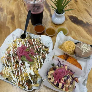 Carne asada fries, combo w/ fish &amp; quesobirria taco