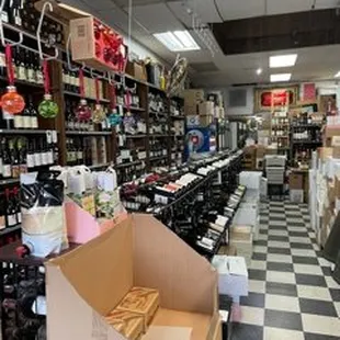 a wine store with a checkered floor