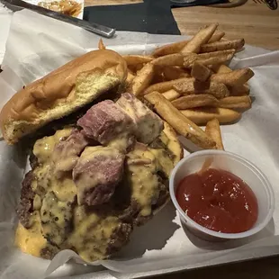 KC Special - Pastrami Burnt Ends two 1/4 lb burgers, cheese, &amp; Freedom Fries