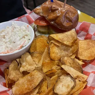 Burger and house chips