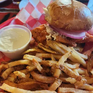 Crispy Chicken Sandwich, sub fries for $2 and a side of Bleu Cheese.