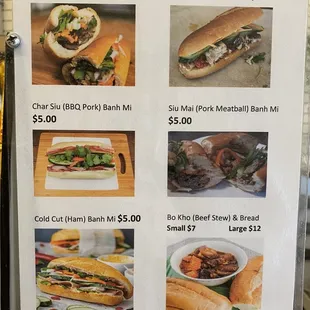 Banh mi menu