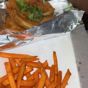 Sweet potato fries and tilapia.