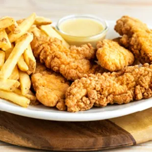 Chincken tenders, fries with honey mustard.