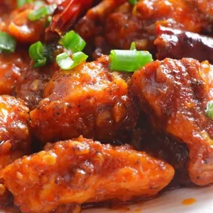 Asian chili wings. 8 piece wings, french fries and blue cheese or ranch.