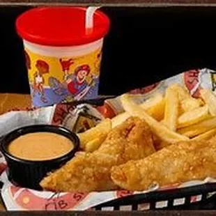 Kids chicken tenders.  3 piece chicken tenders, french fries, a fruit snack with mayo ketchup or honey mustard.