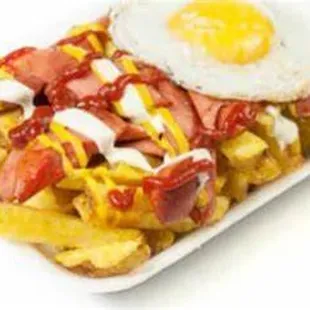 Loaded salchipapa All beef bite size hot dogs, french fries, an egg and cheese on top  then drizzled with mayo ketchup