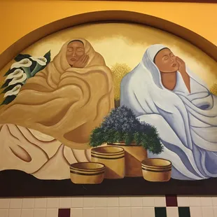 a painting of two women sitting on a bench