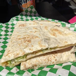 Quesadilla w/ carnitas ($12) - 3.5 stars. Tortillas were soft, filling tasty, except carnitas was too fatty &amp; chewy. Sun lunch 2021-09-12