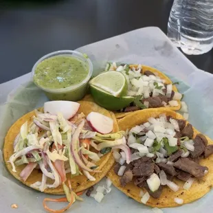 2 carne asada, 1 shrimp taco