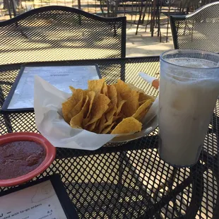 Free chips + fresh salsa when you dine in! Lovely outdoor patio with umbrellas make for good shade.