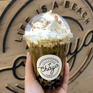 kuromitsu kinako matcha latte with boba