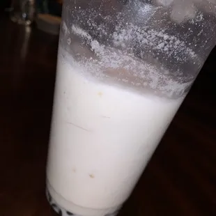 a glass of milk on a table