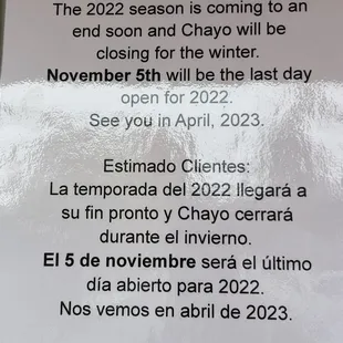 Closing for the winter notice