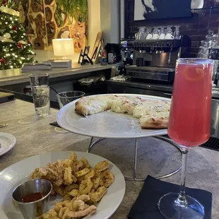 Shrimp scampi pizza, calamari and the Festive French 75