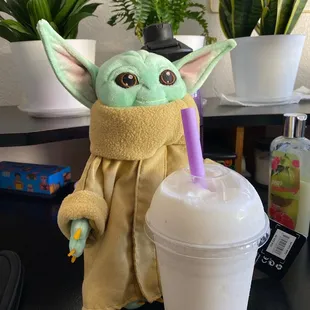 Baby yoda loves his lychee smoothie
